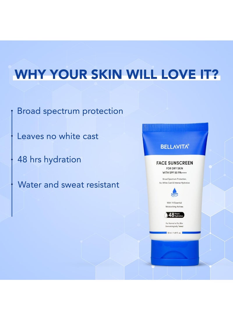 BELLAVITA SPF 50 For Dry Skin|SPF 50 PA++++|Broad Spectrum Protection | No White Cast | Water & Sweat Resistant|Dermatologically Tested|Hydrating Sunscreen|48hrs Hydration | 50ml  - Image 3
