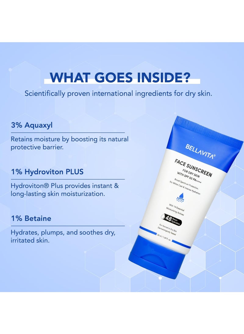 BELLAVITA SPF 50 For Dry Skin|SPF 50 PA++++|Broad Spectrum Protection | No White Cast | Water & Sweat Resistant|Dermatologically Tested|Hydrating Sunscreen|48hrs Hydration | 50ml  - Image 4