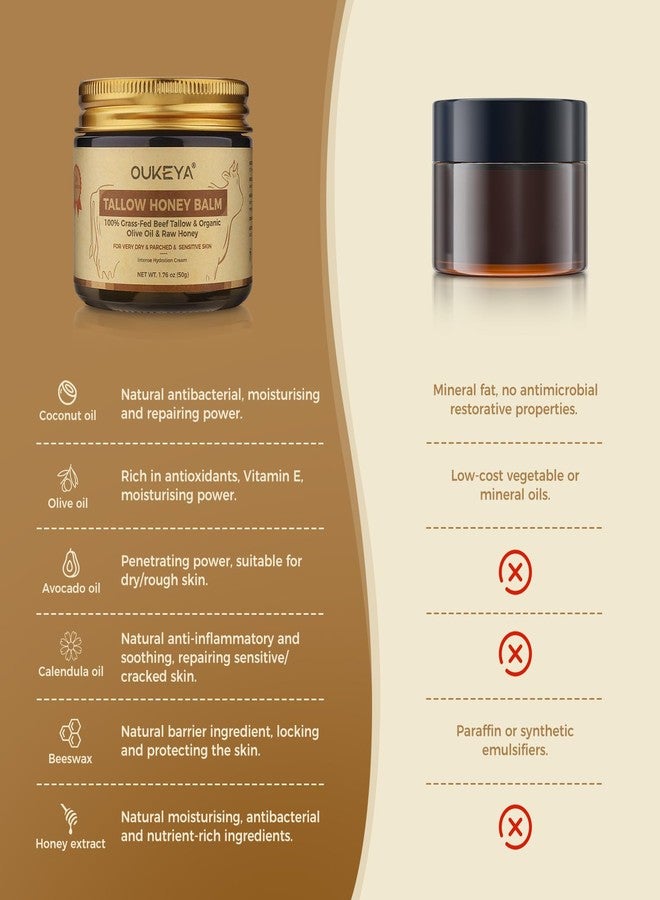 OUKEYA Beef Tallow Balm Moisturizing Cream, Natural Beef Tallow Face & Body Skincare with Honey Extract, Coconut/Olive/Avocado Oil & Vitamin E, Dry Skin Relief Balm 1.76oz 50g - Image 2