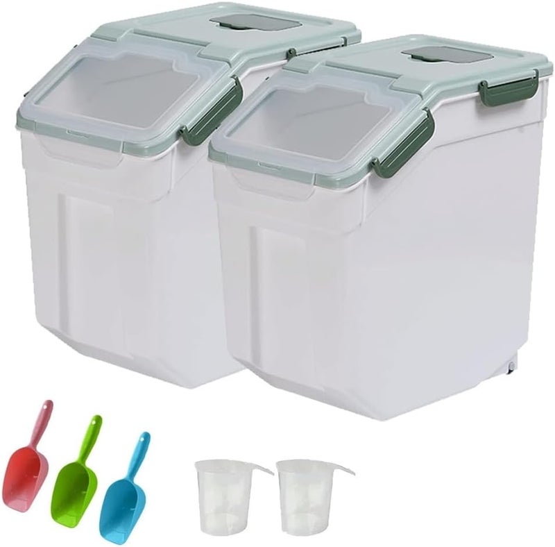 YXQ 25LB Large Flour Storage Container Bin ,2 Pack Airtight Plastic with Wheels Seal Locking Lid Dispenser Organizer Storage Bin with Measuring Cup & Scoop for Flour, Rice, Grain 50LBS Total - Image 1