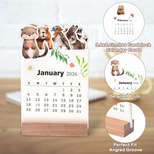 Yopyame Mini Desk Calendar 2026-12PCS 3.9" x 6.1" 12 Monthly Mini Academic Year Calendar with Wood Stand, January to December 2026, Wildlife Animal Design Office Desk Calendars for New Year Gifts - Image 3