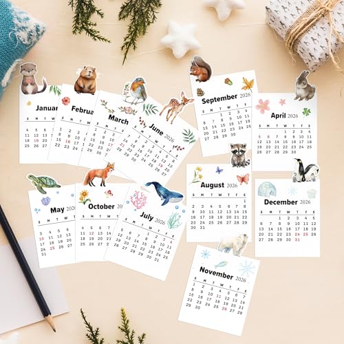 Yopyame Mini Desk Calendar 2026-12PCS 3.9" x 6.1" 12 Monthly Mini Academic Year Calendar with Wood Stand, January to December 2026, Wildlife Animal Design Office Desk Calendars for New Year Gifts - Image 4