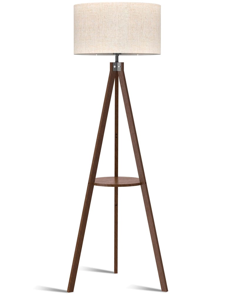 LEPOWER Mid Century Wood Standing Lamp, Modern Design Shelf Floor Lamp for Living Room, Bedroom, Office, Flaxen Shade with E26 Base, Perfect for Reading or Ambient Lighting Dark Brown - Image 1