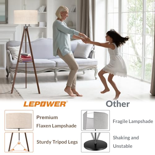 LEPOWER Mid Century Wood Standing Lamp, Modern Design Shelf Floor Lamp for Living Room, Bedroom, Office, Flaxen Shade with E26 Base, Perfect for Reading or Ambient Lighting Dark Brown - Image 3