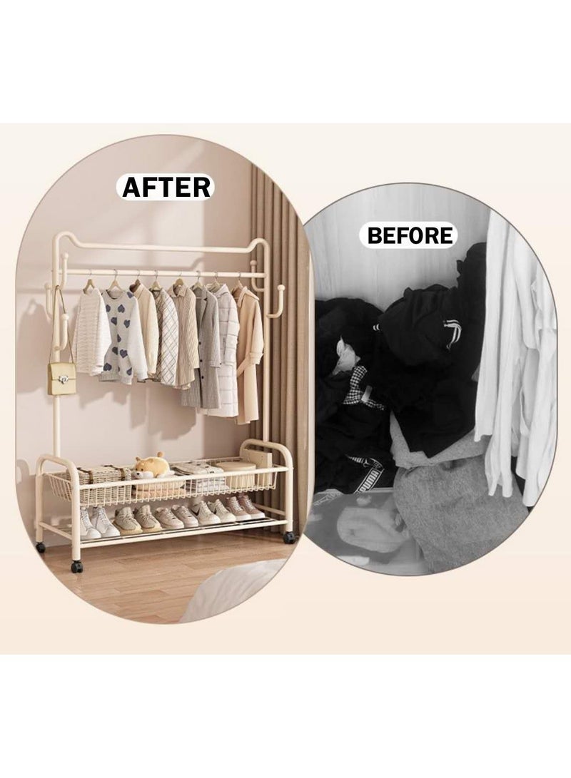 Alissa Double Rod Rolling Clothes Rack with Storage Basket & Shoe Shelf – Heavy-Duty Metal Organizer with Wheels for Garments, Bags & Daily Essentials (171×150×32cm)  - Image 3
