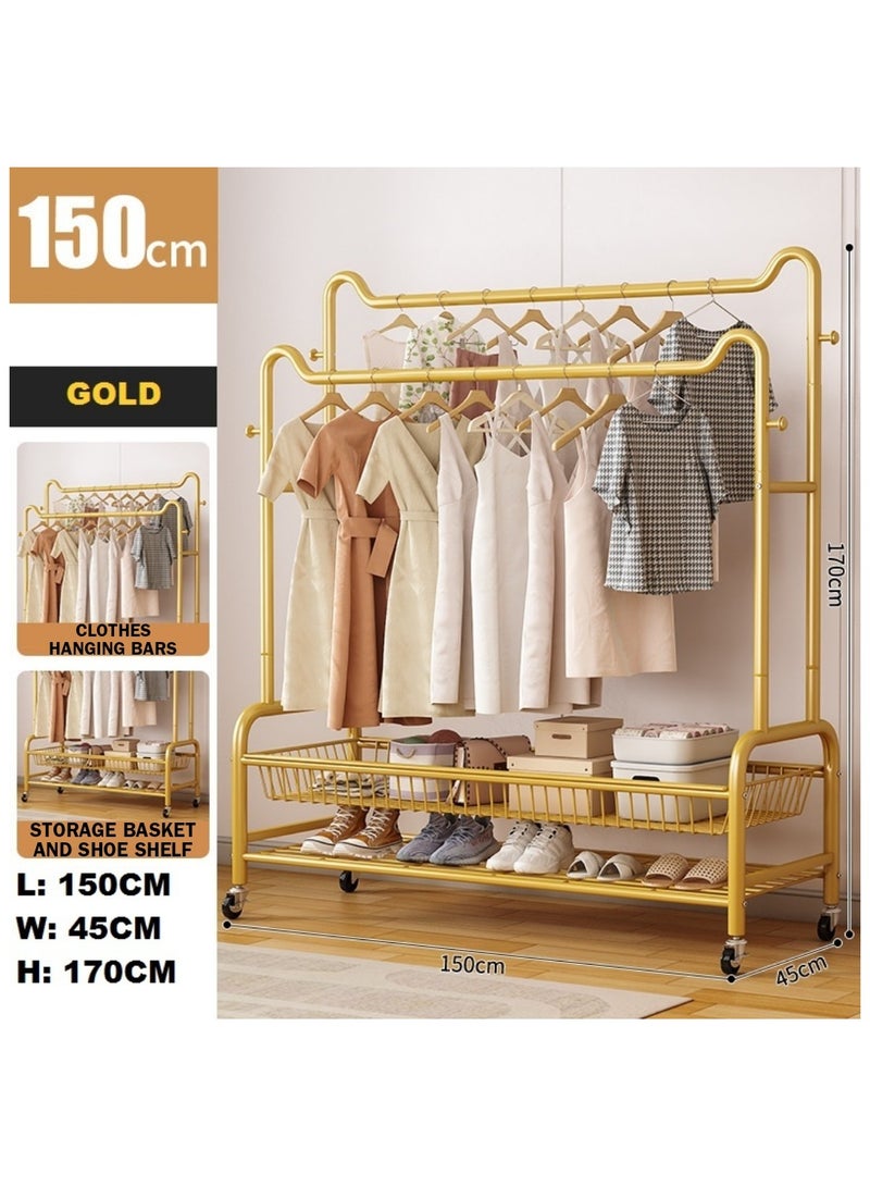Alissa Double Rod Rolling Clothes Rack with Storage Basket & Shoe Shelf – Heavy-Duty Metal Organizer with Wheels for Garments, Bags & Daily Essentials (171×150×32cm)  - Image 4