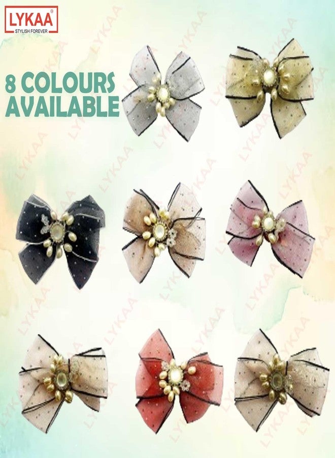 LYKAA Stylish and Versatile Pearl Bow Hair Clips with Rhinestones Brotch Hair Barrettes Accessory For Women Gift | (Pack of 2) - Image 3