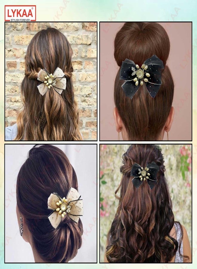 LYKAA Stylish and Versatile Pearl Bow Hair Clips with Rhinestones Brotch Hair Barrettes Accessory For Women Gift | (Pack of 2) - Image 5