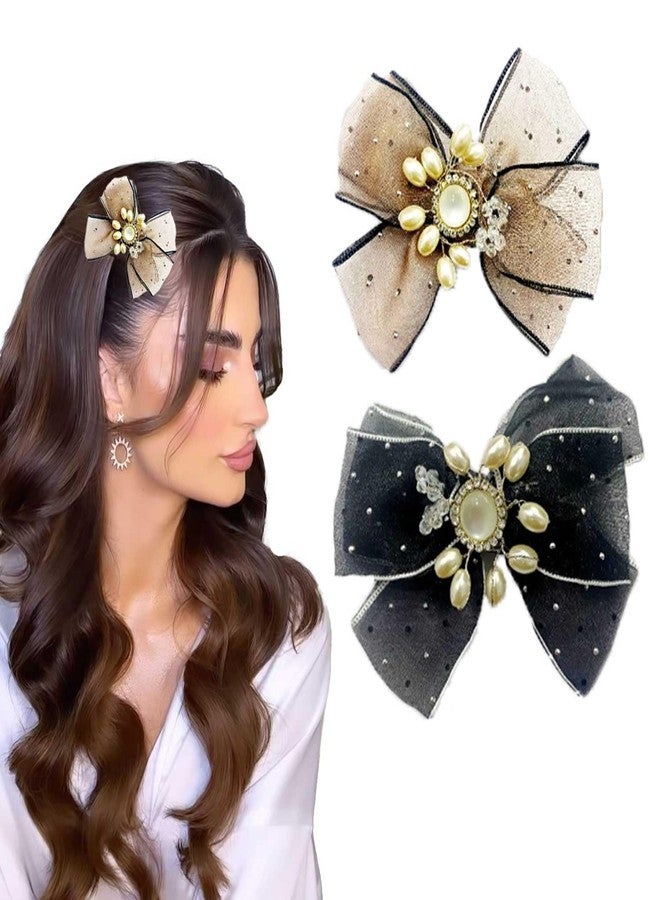 LYKAA Stylish and Versatile Pearl Bow Hair Clips with Rhinestones Brotch Hair Barrettes Accessory For Women Gift | (Pack of 2) - Image 1