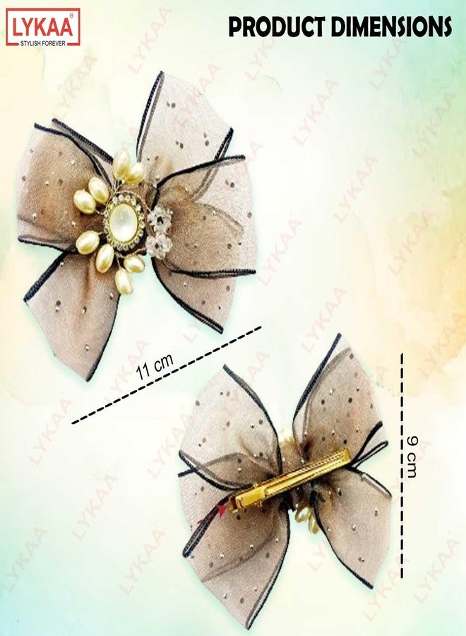 LYKAA Stylish and Versatile Pearl Bow Hair Clips with Rhinestones Brotch Hair Barrettes Accessory For Women Gift | (Pack of 2) - Image 2