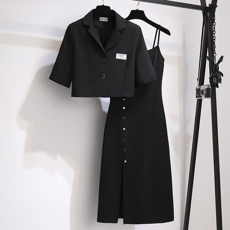 Plus Size Chic Summer Skirt Suit Set Jacket Sling [two-piece]]