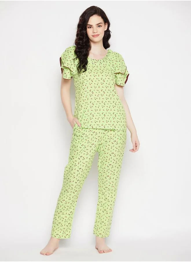 Clovia Printed Round Neck Top and Pyjama Set