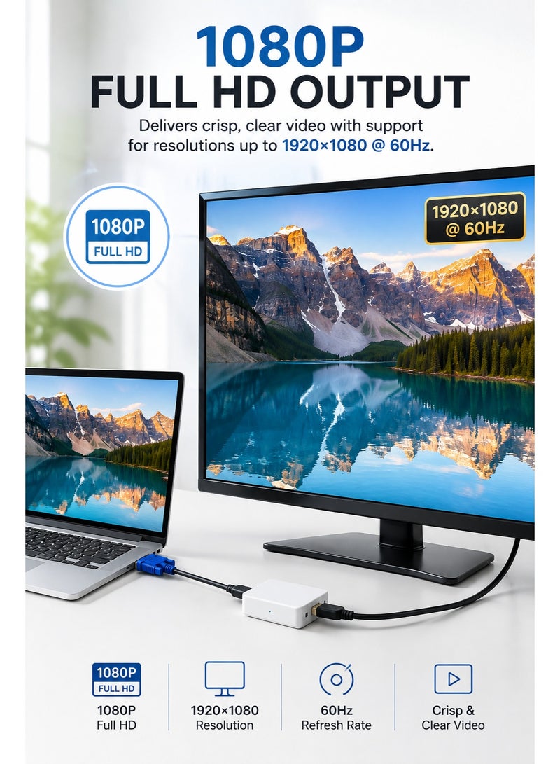 ميني محول VGA إلى HDMI بدقة 1080 بكسل مع دعم طاقة USB لنقل الفيديو من التناظرية إلى الرقمية بسلاسة من أجهزة VGA القديمة إلى شاشات HDMI الحديثة - Image 2