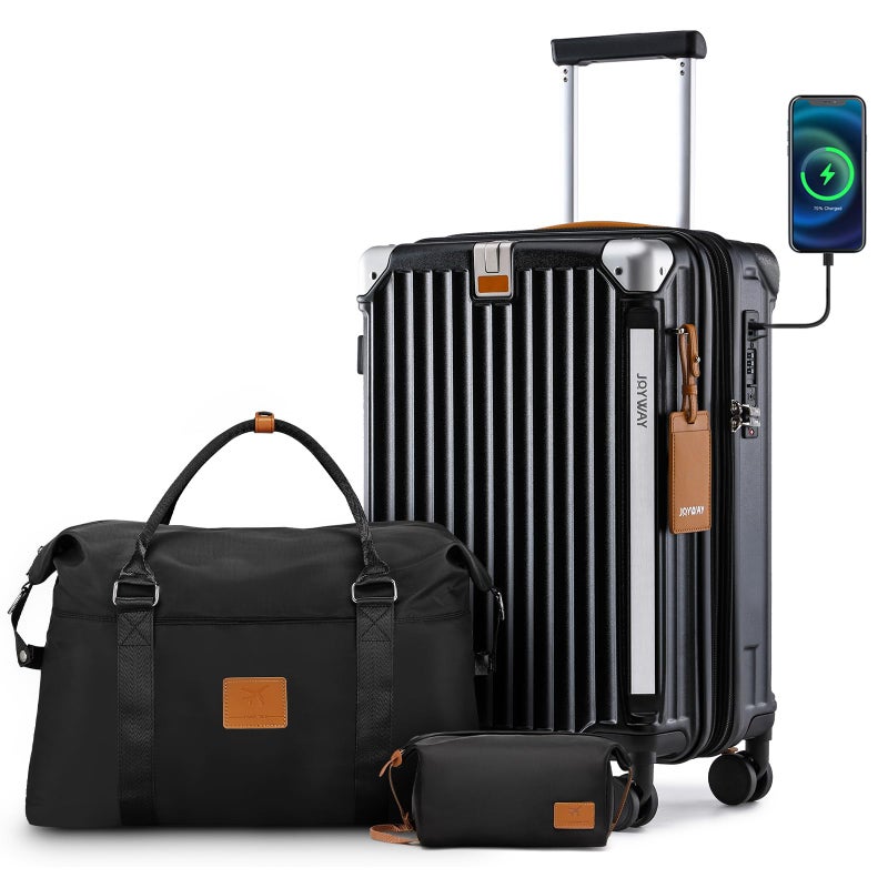 Joyway 20in Carry On Luggage with Cup Holder and USB Port 25 Expandable Capacity Smart Suitcase with Anti Slip Wheels and Handbag Perfect for Men and Women 3 Piece Set Black - Image 2
