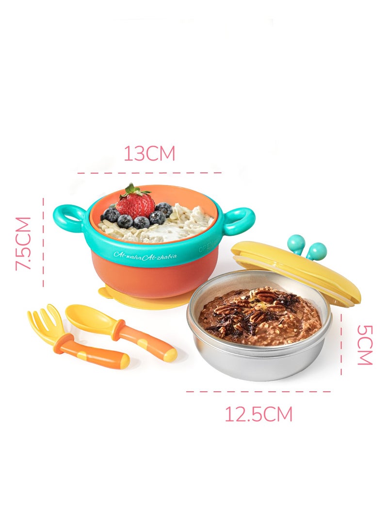Medical-Grade Stainless Steel Baby Feeding Set with Suction Base - BPA-Free 400ml Bowl, Water-Cooled Temperature Control, 3-in-1 Design with Spoon & Fork