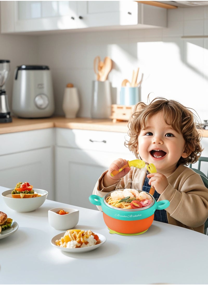 Medical-Grade Stainless Steel Baby Feeding Set with Suction Base - BPA-Free 400ml Bowl, Water-Cooled Temperature Control, 3-in-1 Design with Spoon & Fork