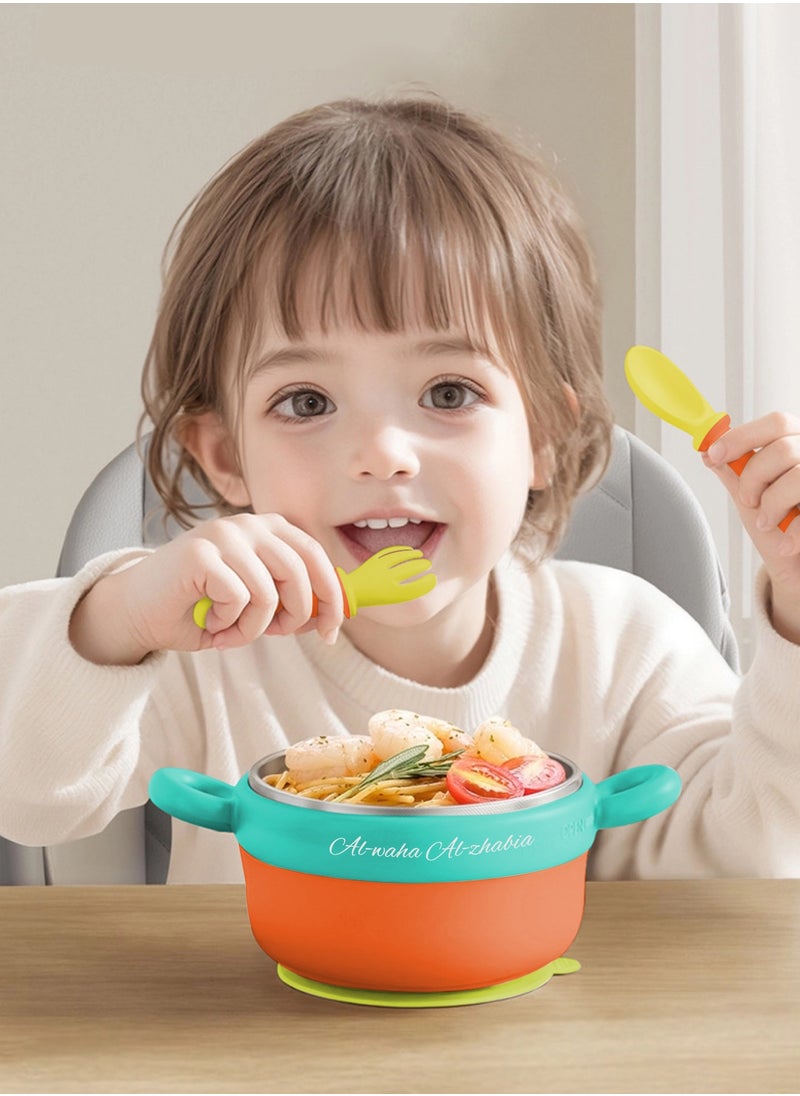 Medical-Grade Stainless Steel Baby Feeding Set with Suction Base - BPA-Free 400ml Bowl, Water-Cooled Temperature Control, 3-in-1 Design with Spoon & Fork
