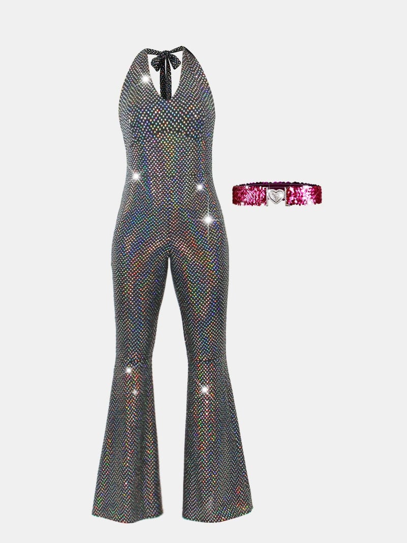 Nawgut Disco Outfit 70s 80s Prom Sparkle Flare Jumpsuit Party Costume Halloween Cosplay For Adult Women-Medium - Image 2