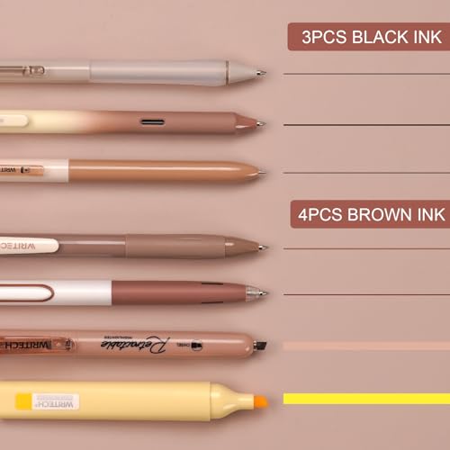 WRITECH Gel Pens Journaling Highlighters: Journal Set Aesthetic Assorted Earth Tones Color Ink 0.5mm Fine Point Retractable 0.7mm Black Pen Smooth Writing Drawing No Bleed 7ct (Brown) - Image 2