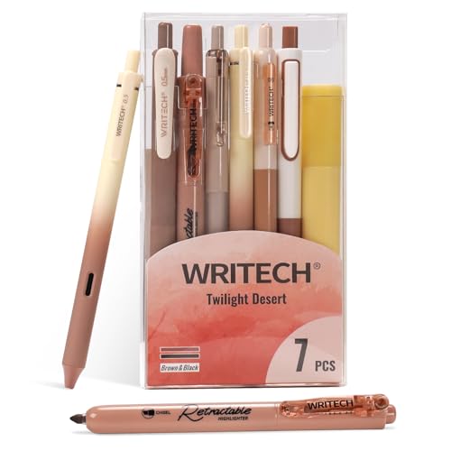 WRITECH Gel Pens Journaling Highlighters: Journal Set Aesthetic Assorted Earth Tones Color Ink 0.5mm Fine Point Retractable 0.7mm Black Pen Smooth Writing Drawing No Bleed 7ct (Brown) - Image 1