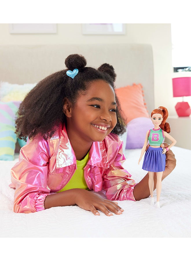 Barbie Fashionistas Doll #232 with Red Hair, Wearing Sporty “B” Jersey Top and Pleated Purple Skirt with Watch and Sneakers​​ - Image 2