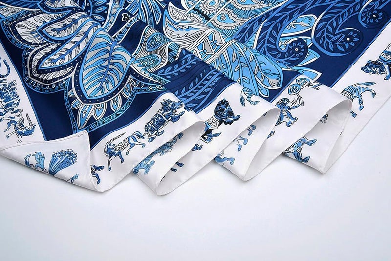 corciova XXL Oversized Satin Scarf - 50x50 Inches Square in Navy Royal Blue & White Floral Print - Luxury Women's Hair Wrap, Shawl, Headscarf, & Satin Top - Image 3