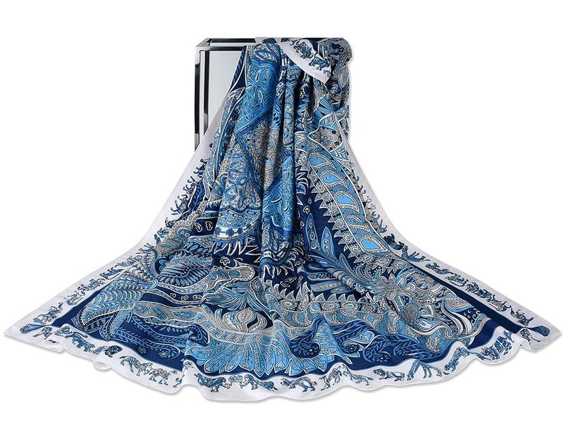 corciova XXL Oversized Satin Scarf - 50x50 Inches Square in Navy Royal Blue & White Floral Print - Luxury Women's Hair Wrap, Shawl, Headscarf, & Satin Top - Image 1