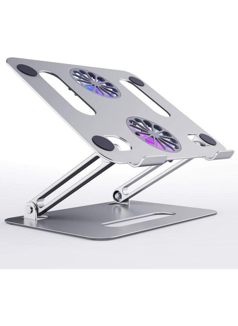FLOWING Portable Laptop Holder with Cooling Fan Height Adjustable Ergonomic Computer Stand for Desk Compatible with 9-15.6 inch Laptops Silvery  - Image 1