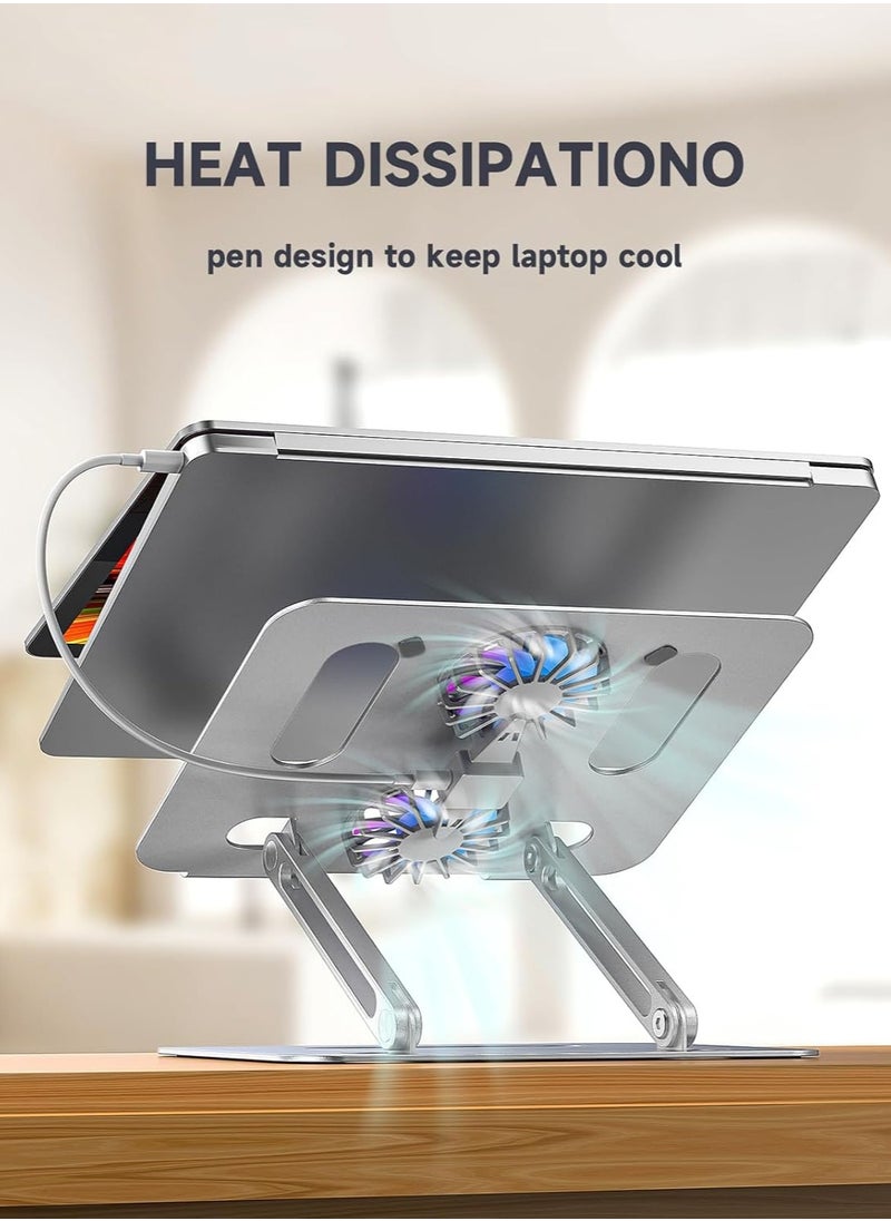 FLOWING Portable Laptop Holder with Cooling Fan Height Adjustable Ergonomic Computer Stand for Desk Compatible with 9-15.6 inch Laptops Silvery  - Image 2
