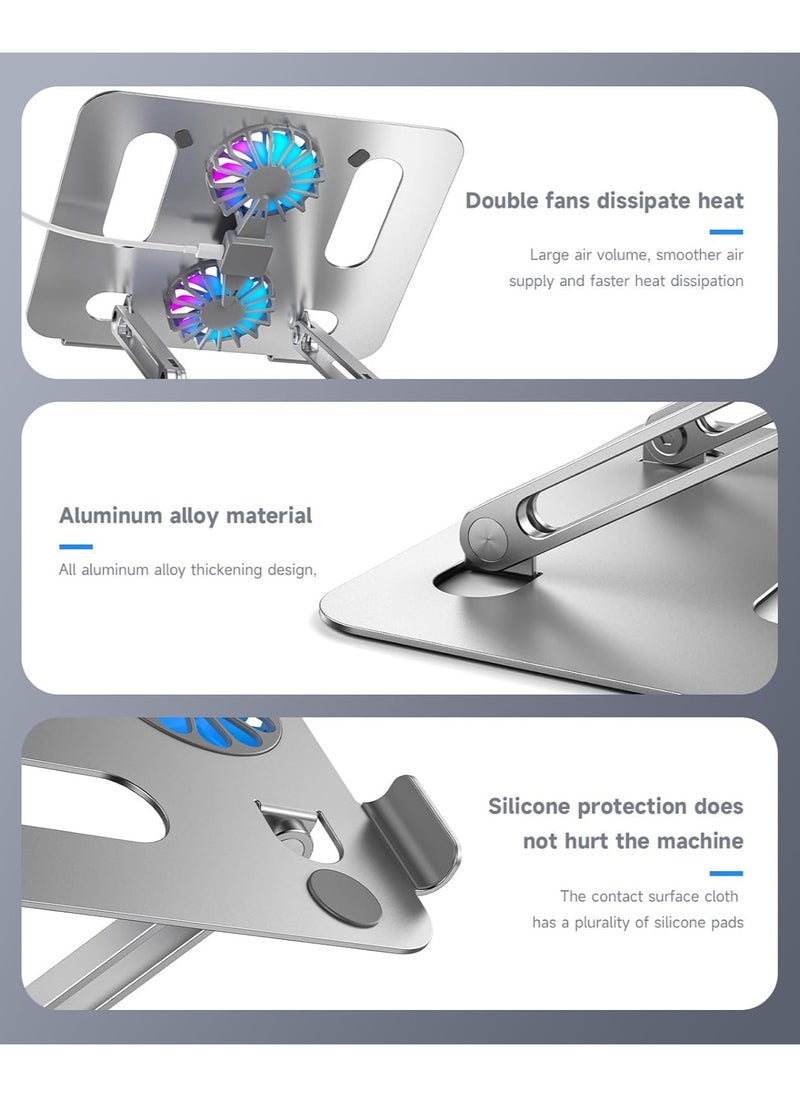 FLOWING - Portable Laptop Holder with Cooling Fan Height Adjustable Ergonomic Computer Stand for Desk Compatible with 9-15.6 inch Laptops Silvery - Image 1
