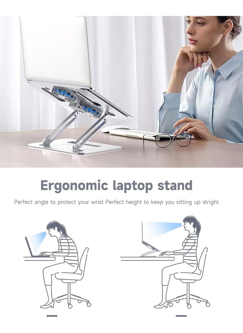 FLOWING - Portable Laptop Holder with Cooling Fan Height Adjustable Ergonomic Computer Stand for Desk Compatible with 9-15.6 inch Laptops Silvery - Image 1