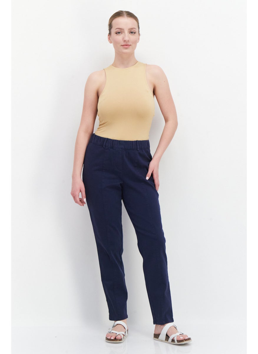Tchibo Women Slim Fit Plain Dress Pants, Navy Blue  - Image 2