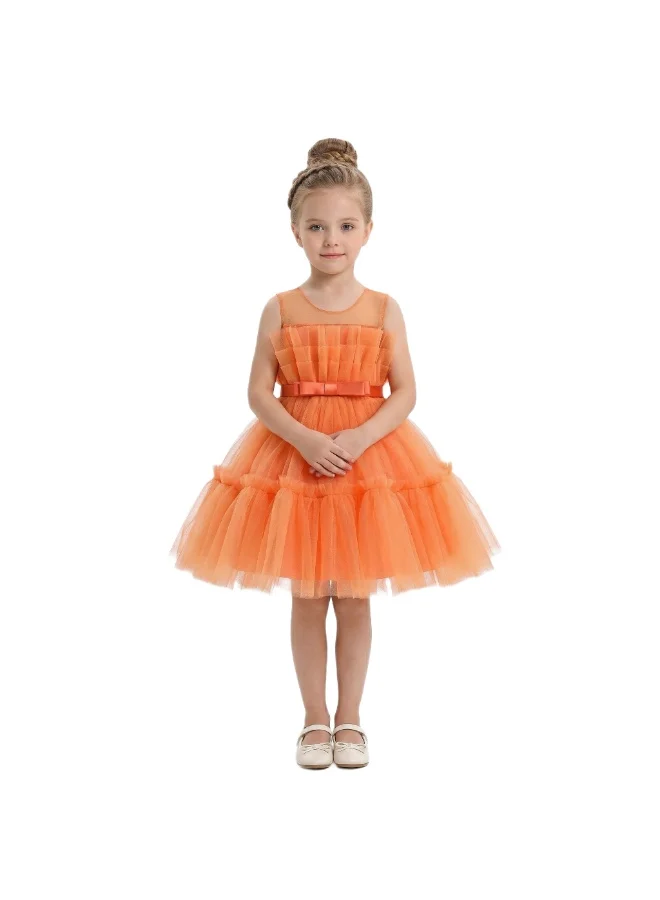 بيداني Girls Ruffle Party Dress with Satin Bow - Orange