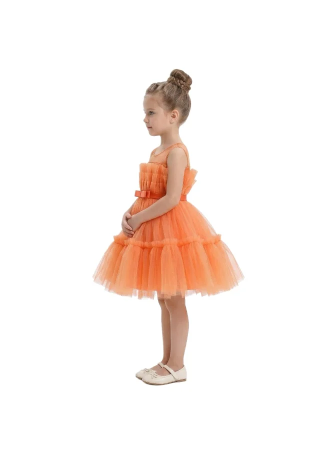 بيداني Girls Ruffle Party Dress with Satin Bow - Orange