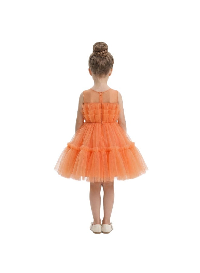 Bidani Girls Ruffle Party Dress with Satin Bow - Orange - Image 3