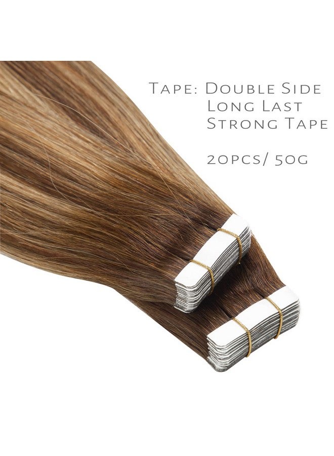 Lacer Tape In Hair Extensions Remy Human Hair 20 Pieces 50 Grams Chocolate Brown To Strawberry Blonde Highlights With Chocolate Brown Roots R#4-4/27 22 Inches - Image 1