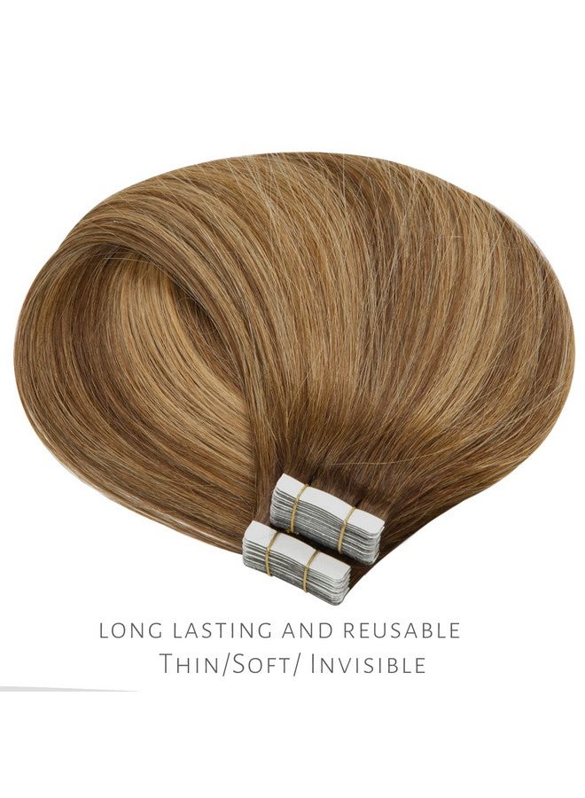 Lacer Tape In Hair Extensions Remy Human Hair 20 Pieces 50 Grams Chocolate Brown To Strawberry Blonde Highlights With Chocolate Brown Roots R#4-4/27 22 Inches - Image 2