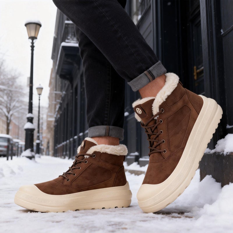 Eagsouni Womens Mens Winter Snow Boots Warm Fur Lined Ankle Booties Water Resistant Suede Leather Platform Shoes Lace Up Outdoor Sneakers,Coffee,45 - Image 2