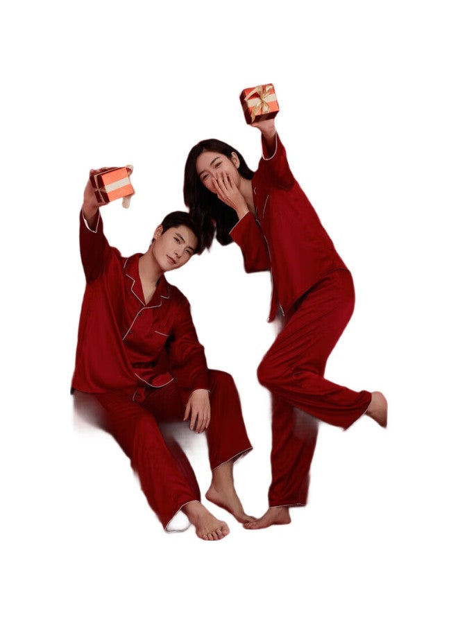 YUZHAOLIN Couple'S Pajamas, Men'S Red Long-Sleeve, Women'S Autumn And Winter Wedding, Men'S Zodiac Year, Newlywed, Faux Silk, Home Wear Set - Image 1