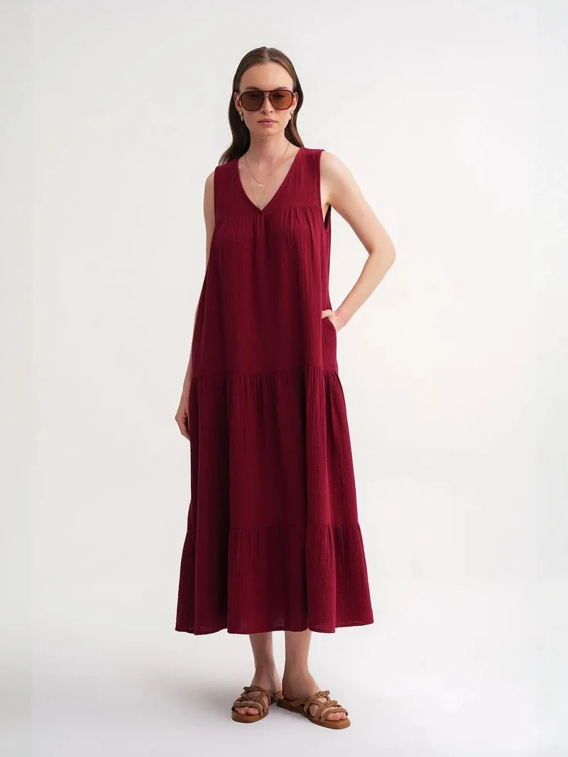 Mixray Burgundy Red Mixray Sleeveless V-Neck Muslin Midi Dress with Pockets for Women | Best Price UAE