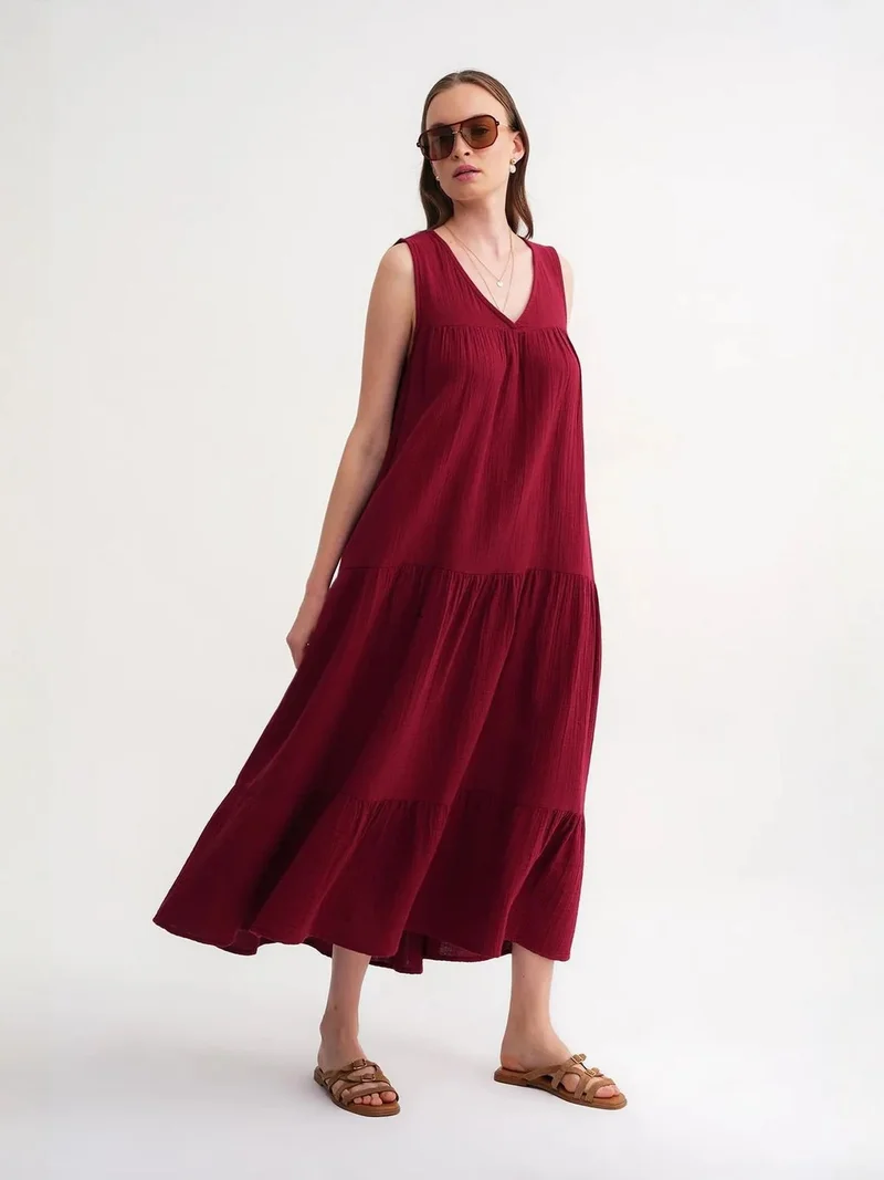 Mixray Burgundy Red Mixray Sleeveless V-Neck Muslin Midi Dress with Pockets for Women | Best Price UAE