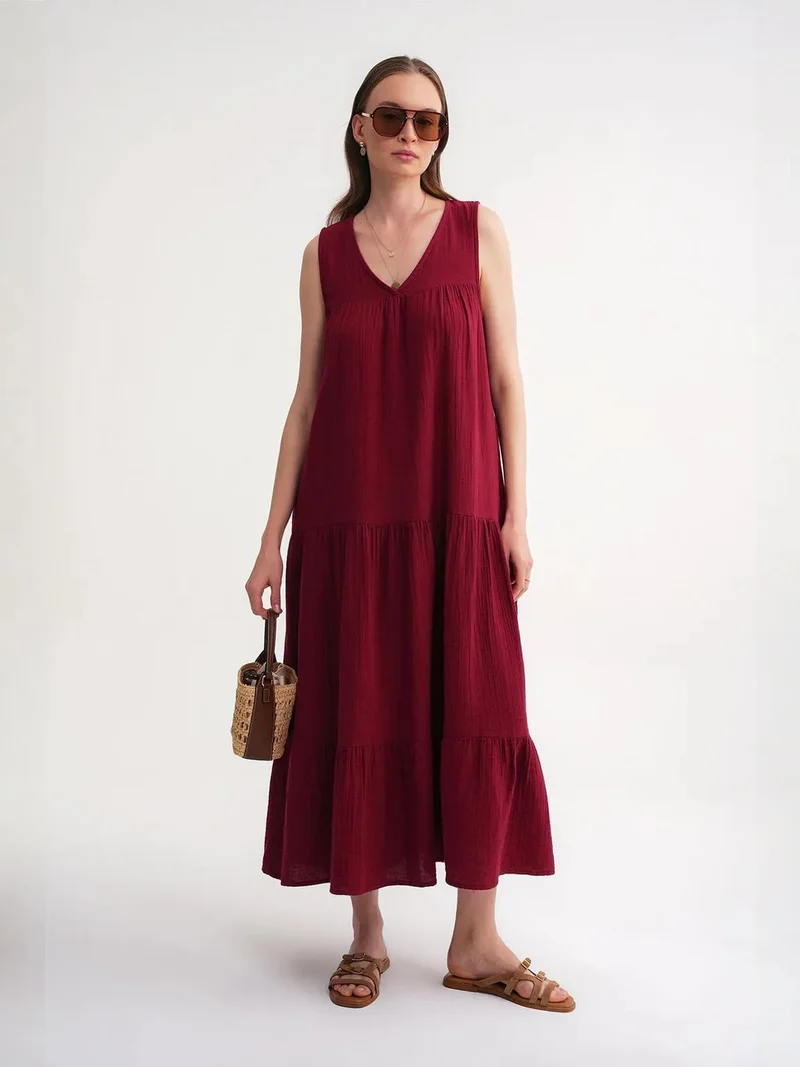 Mixray Burgundy Red Mixray Sleeveless V-Neck Muslin Midi Dress with Pockets for Women | Best Price UAE