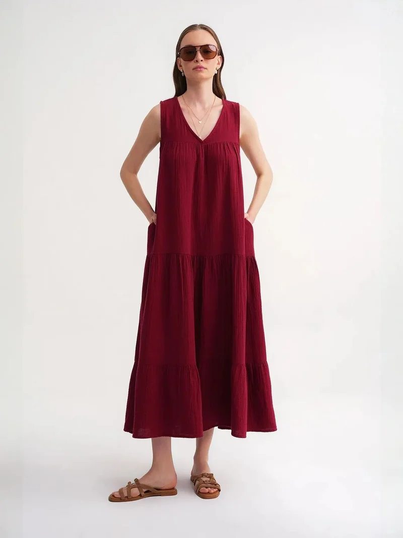 Mixray Burgundy Red Mixray Sleeveless V-Neck Muslin Midi Dress with Pockets for Women | Best Price UAE