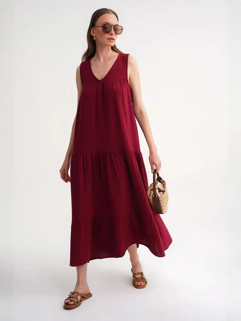 Mixray Sleeveless V-Neck Muslin Midi Dress with Pockets