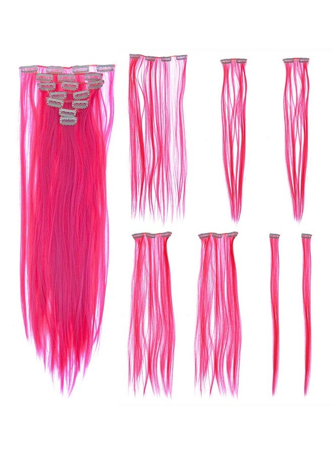 SWACC 7 Pcs Full Head Party Highlights Clip On In Hair Extensions Colored Hair Streak Synthetic Hairpieces (22Inch Straight Hot Pink) - Image 1