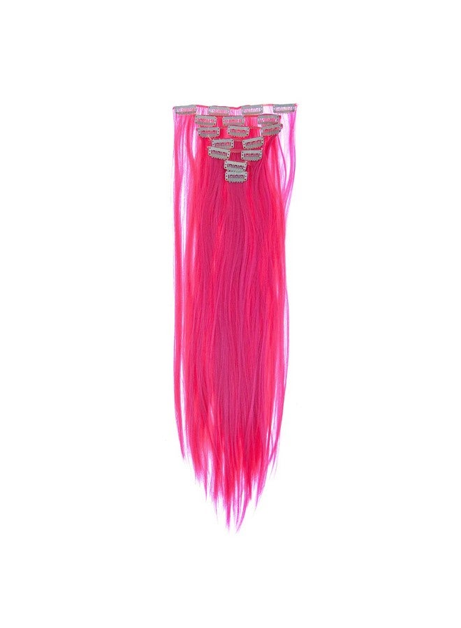 SWACC 7 Pcs Full Head Party Highlights Clip On In Hair Extensions Colored Hair Streak Synthetic Hairpieces (22Inch Straight Hot Pink) - Image 3