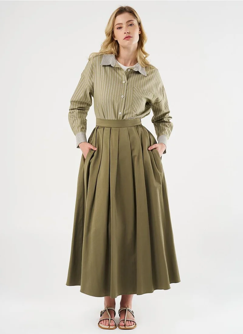 Kayra High-Waisted Pleated Skirt Olive Green