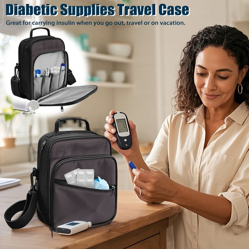 Black Diabetic Supplies Carrying Case Portable Insulin Cooler Bag with Compartments - Image 3