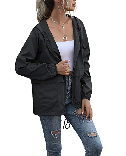 PESION Rain Jacket Women Lightweight Outdoor Waterproof Hooded Windbreaker Jacket Raincoat Black S - Image 2