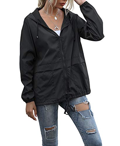 PESION Rain Jacket Women Lightweight Outdoor Waterproof Hooded Windbreaker Jacket Raincoat Black S - Image 1